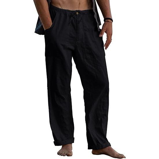 Runcati Men's Cotton Pants Yoga Beach Loose Summer Elastic Waist Drawstring Loose Pants with Pocket