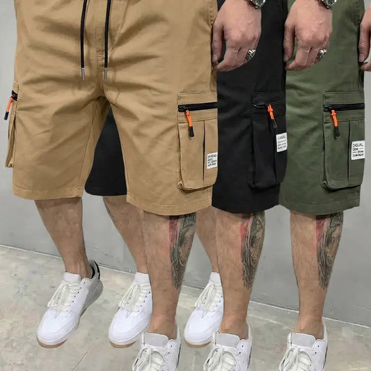 Men's Retro 3-Piece Plain Cargo Shorts, Baggy Cropped Menswear with Large 3D Side Pockets, Zippered Pockets, Drawstring Waist, Suitable for Hiking, Fishing, Pocket Men's Shorts