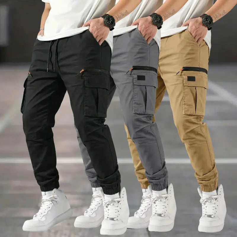 Men’s 3-Pack Polyester Cargo Pants - American Casual Straight-Leg Tapered Long Tactical Work Pants, Outdoor-Ready Fit with Zipper Pockets, All Seasons Basic Look for Commuting, Holiday Gift for Outdoor Enthusiasts
