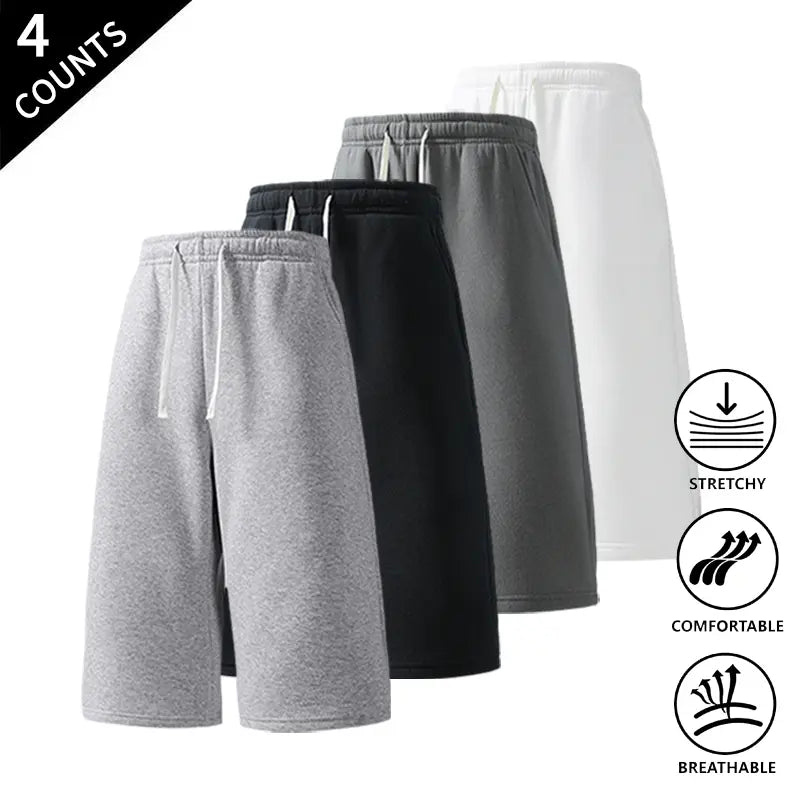 Men's Plain Stretchy Polyester Mid-Calf Cropped Trousers 4-Pack - Activewear Bottoms, Move with Ease, Outdoor Ready for Casual Use - Light Gray, Black, Rose Red, Navy Blue