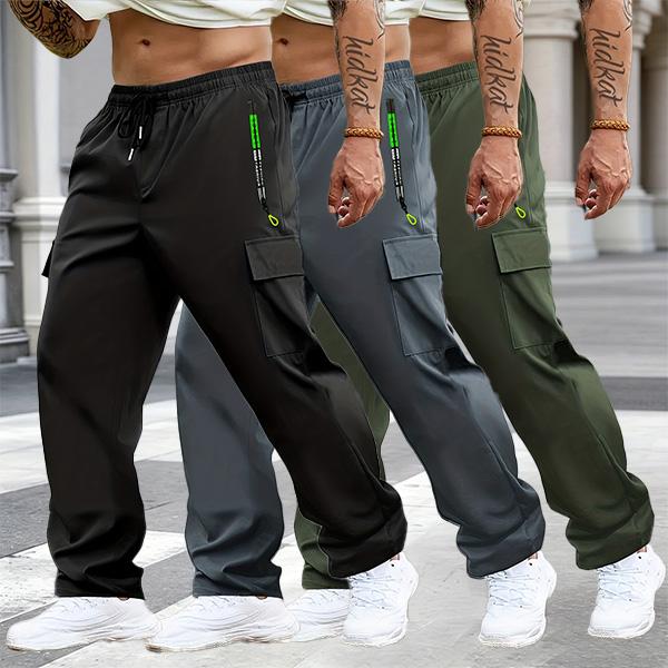 Men's Multi-Pack Cargo Work Pants - Lightweight Stretch Waist Activewear with Multiple Pockets, Comfortable Fit Casual Athletic Men's Wear, Plain Outdoor to Office Menswear