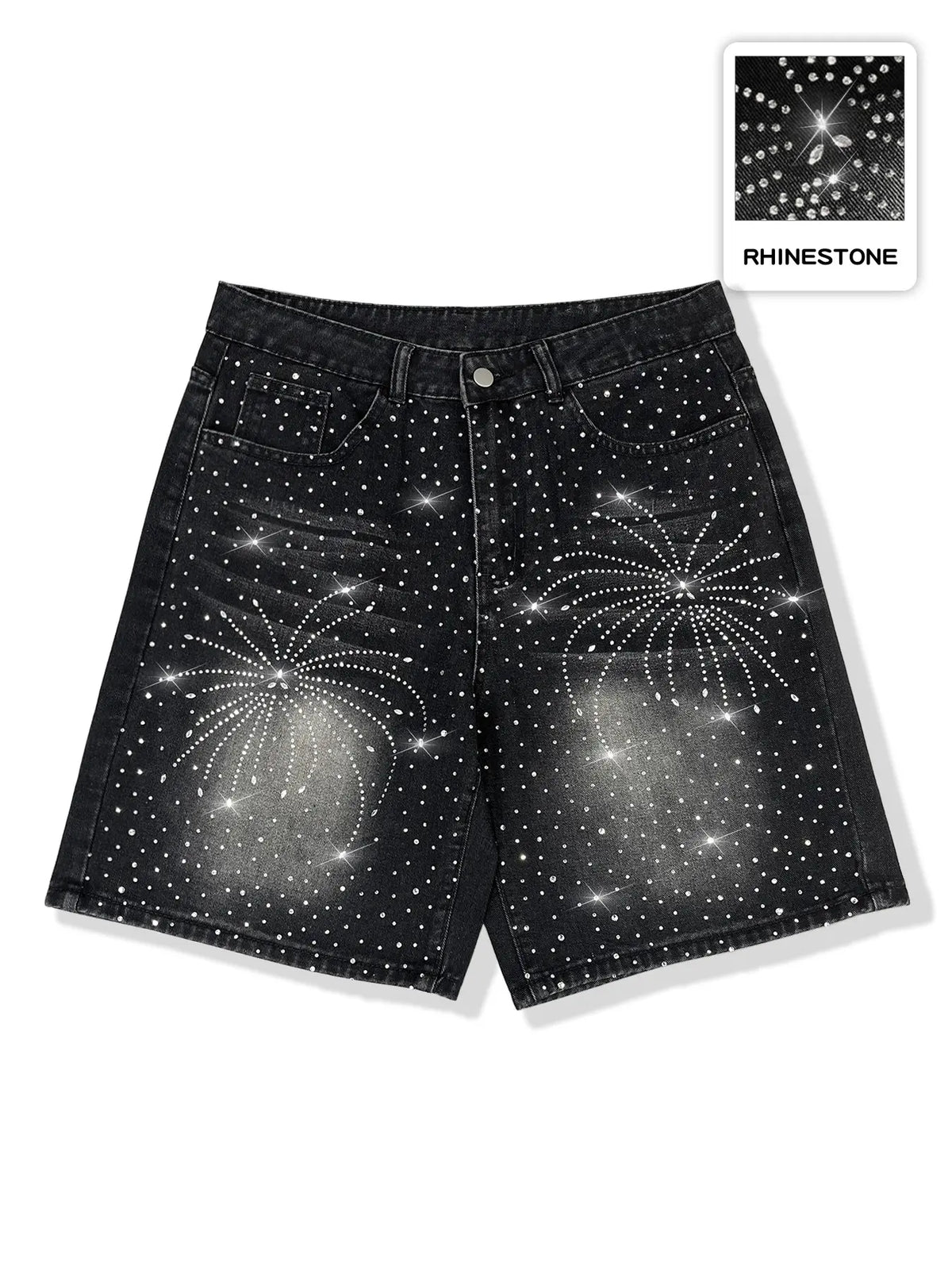 Diamond-studded casual jeans, black fully-studded cross-shaped casual baggy denim shorts, American street style, avant-garde casual denim cropped pants, fashion trends, suitable for men with taste, Loose, Menswear