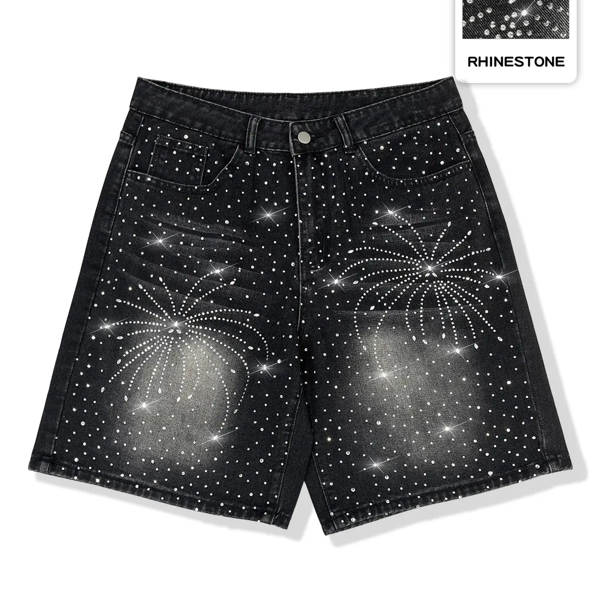 Diamond-studded casual jeans, black fully-studded cross-shaped casual baggy denim shorts, American street style, avant-garde casual denim cropped pants, fashion trends, suitable for men with taste, Loose, Menswear