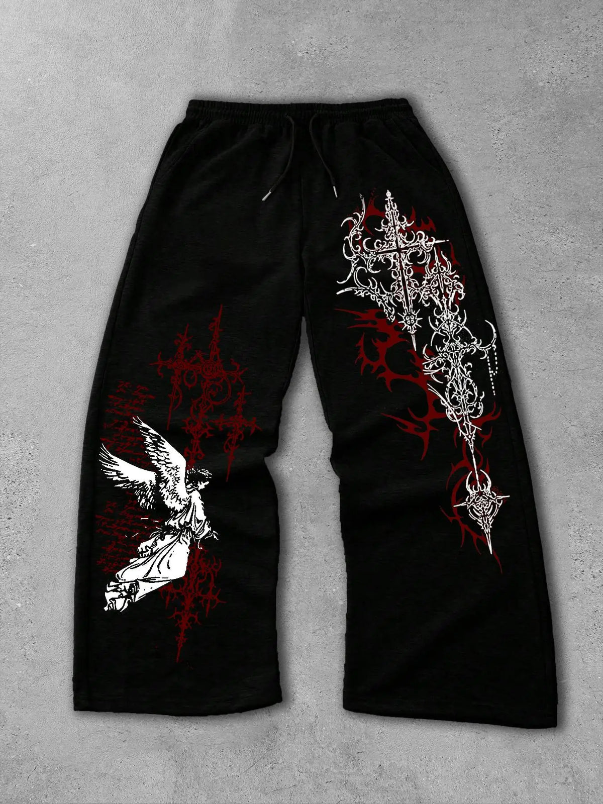 Men's and women's straight-leg Fitted pants featuring Gothic, Graphic Prints and angel motifs, These pants are perfect for streetwear, All Seasons Trousers, and ideal for both campus and everyday wear
