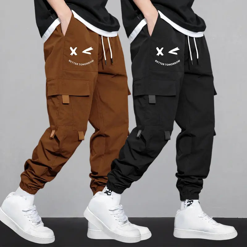Men's Cartoon Face & Letter Print Drawstring Waist Cargo Pants, Casual Regular Fit Utility Jogger Bottoms, Men's Trousers for All Seasons, Pants for Men, Mens Pants, Pants for Men Menswear Grey