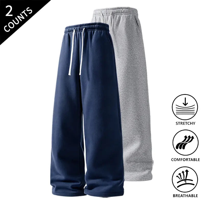 Men’s 2-Pack Baggy Sweatpants - Mid-Waist Plain Casual Straight-Leg Menswear Pants with Drawstring Waist, Comfortable, Stretchable, Breathable, Ideal for Loungewear, Travel