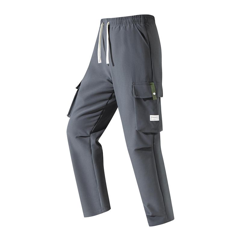 Men’s Cargo Pants - Menswear, Plain Basic Minimalist Polyester, Drawstring Elastic Waistband, Multiple Pockets, Versatile for Spring Autumn Everyday Casual Back-to-School Wear