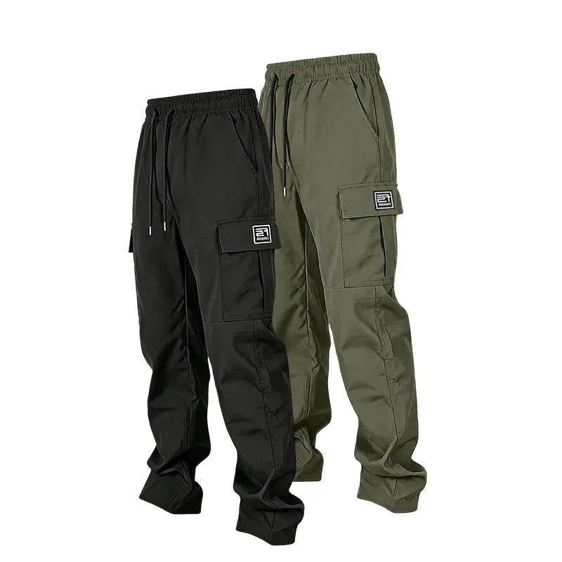 Men’s solid color tactical cargo pants — durable outdoor training pants with sport pockets; suitable for all seasons; casual streetwear pants.