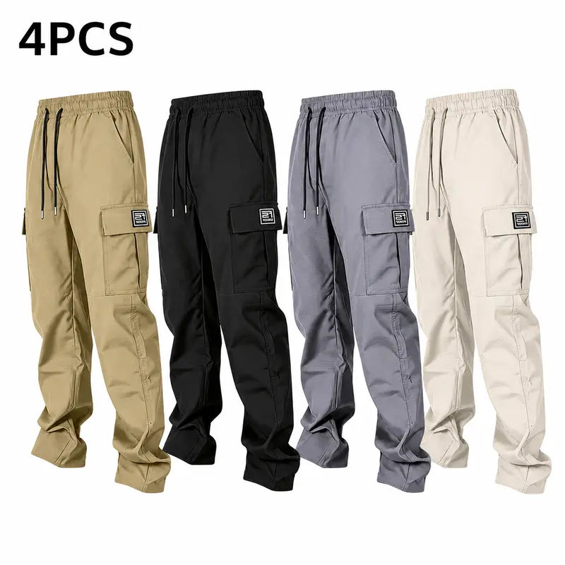 Men’s solid color tactical cargo pants — durable outdoor training pants with sport pockets; suitable for all seasons; casual streetwear pants.