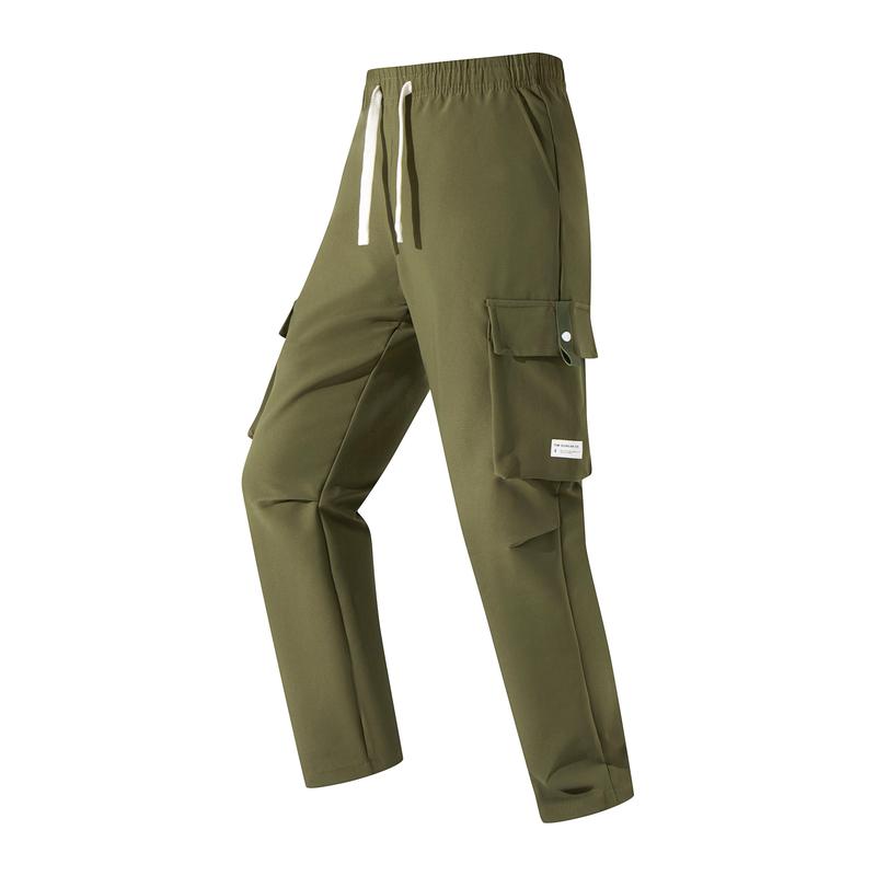 Men’s Cargo Pants - Menswear, Plain Basic Minimalist Polyester, Drawstring Elastic Waistband, Multiple Pockets, Versatile for Spring Autumn Everyday Casual Back-to-School Wear