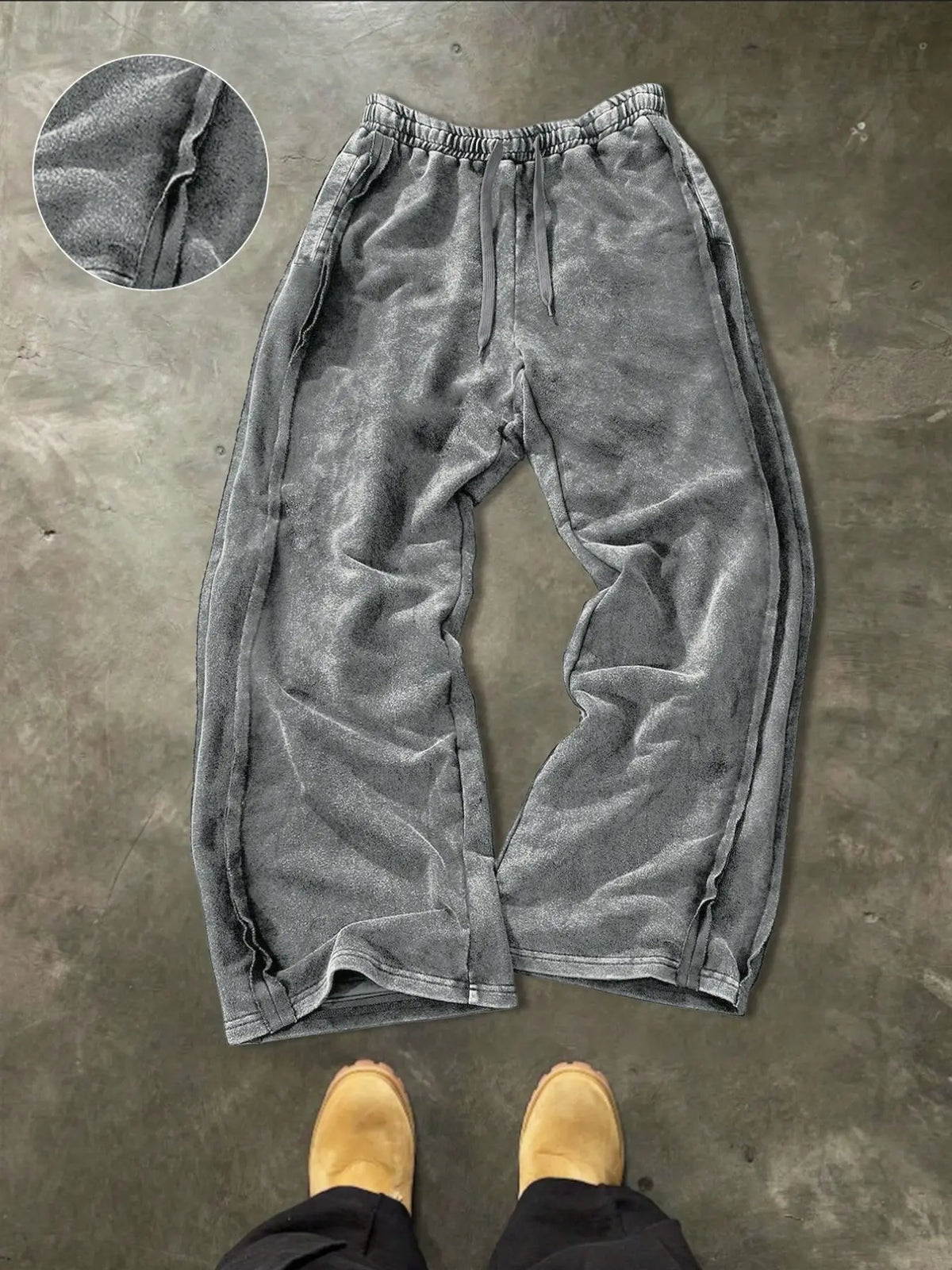 Men's Washed Vintage Hem Side Drawstring Oversized Baggy Wide Leg Sweatpants, American Retro Flowy Loose Fit Straight Leg Long Pants, Relaxed Pants, Trouser, Street Pants