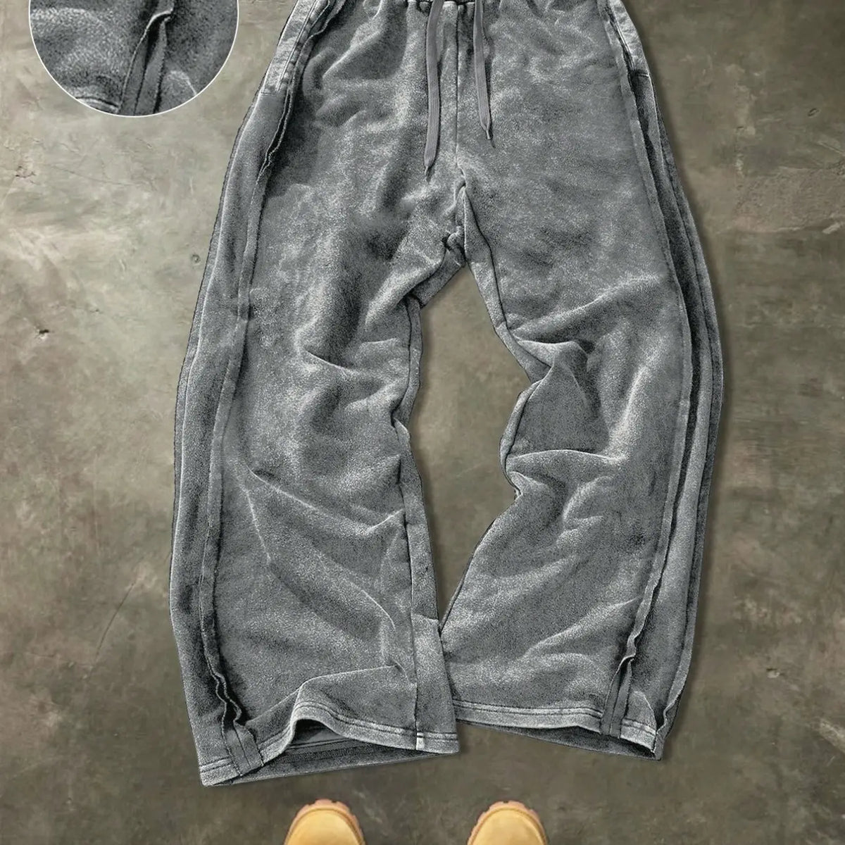 Men's Washed Vintage Hem Side Drawstring Oversized Baggy Wide Leg Sweatpants, American Retro Flowy Loose Fit Straight Leg Long Pants, Relaxed Pants, Trouser, Street Pants