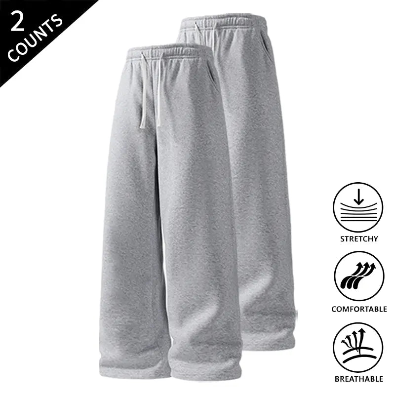 Men’s 2-Pack Baggy Sweatpants - Mid-Waist Plain Casual Straight-Leg Menswear Pants with Drawstring Waist, Comfortable, Stretchable, Breathable, Ideal for Loungewear, Travel