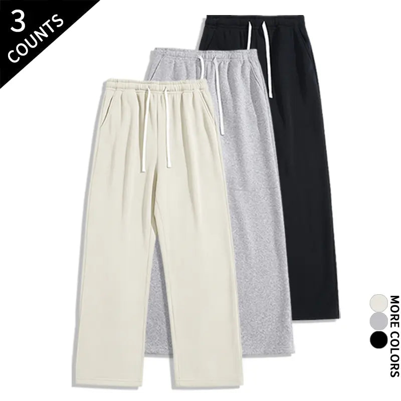 Men's 3-Pack Wide-Leg Athleisure Sweatpants - Soft Polyester Stretch Fabric, Drawstring Elastic Waist, Loose-Fit Full Length, Wide-Leg Street Fit for Daily Workout, Outdoors