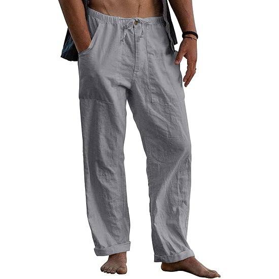 Runcati Men's Cotton Pants Yoga Beach Loose Summer Elastic Waist Drawstring Loose Pants with Pocket