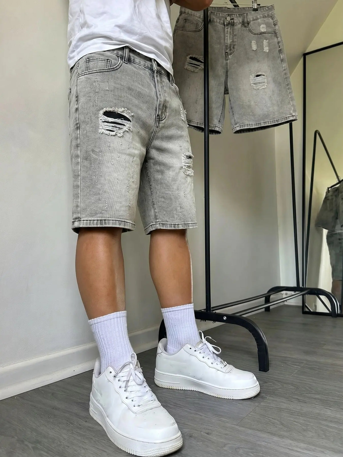 Summer Loose fit ripped 5-inch Loose Plain denim Jean shorts Cotton non-stretch straight cut, hip-hop streetwear street style, breathable & versatile, ideal for daily commuting casual wear