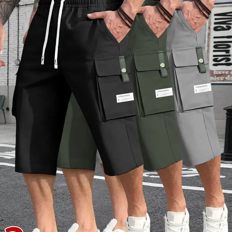 Men's Plain Street-Style 3-Piece Bermuda Drawstring Jorts Set (Black-Gray-Khaki), Relaxed Fit, Lightweight Fabric, Large Pockets, Athletic Menswear, Easy to Style, Ideal for Hot Weather & Outdoor Use, Drawstring Jorts Men's Shorts