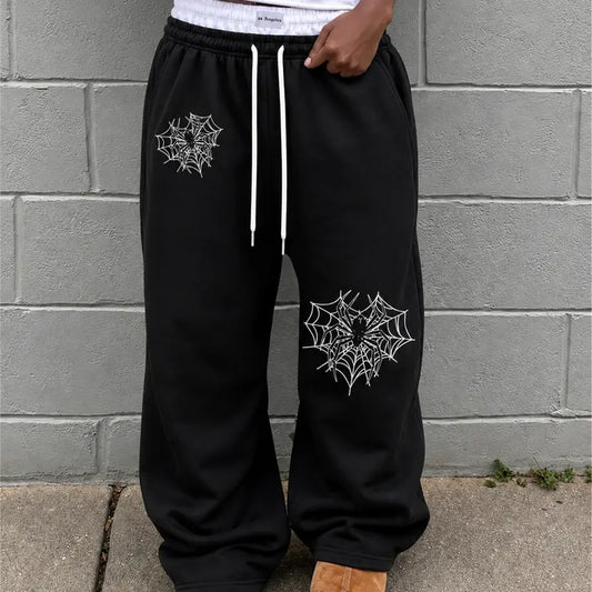 Men's Baggy Sweatpants 100% Cotton Spiderweb Graphic Pants, Relaxed Wide Leg Jogger Pants with Elastic Drawstring Waist, Deep Pockets, Streetwear Lounge Bottoms for Men, Casual Track Pants for Weekend Outfits