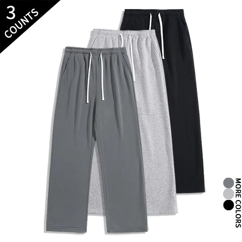 Men's 3-Pack Wide-Leg Athleisure Sweatpants - Soft Polyester Stretch Fabric, Drawstring Elastic Waist, Loose-Fit Full Length, Wide-Leg Street Fit for Daily Workout, Outdoors