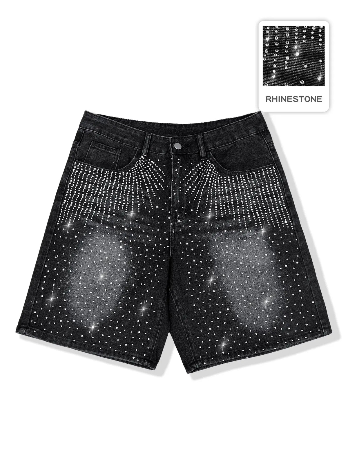 Diamond-studded casual jeans, black fully-studded cross-shaped casual baggy denim shorts, American street style, avant-garde casual denim cropped pants, fashion trends, suitable for men with taste, Loose, Menswear