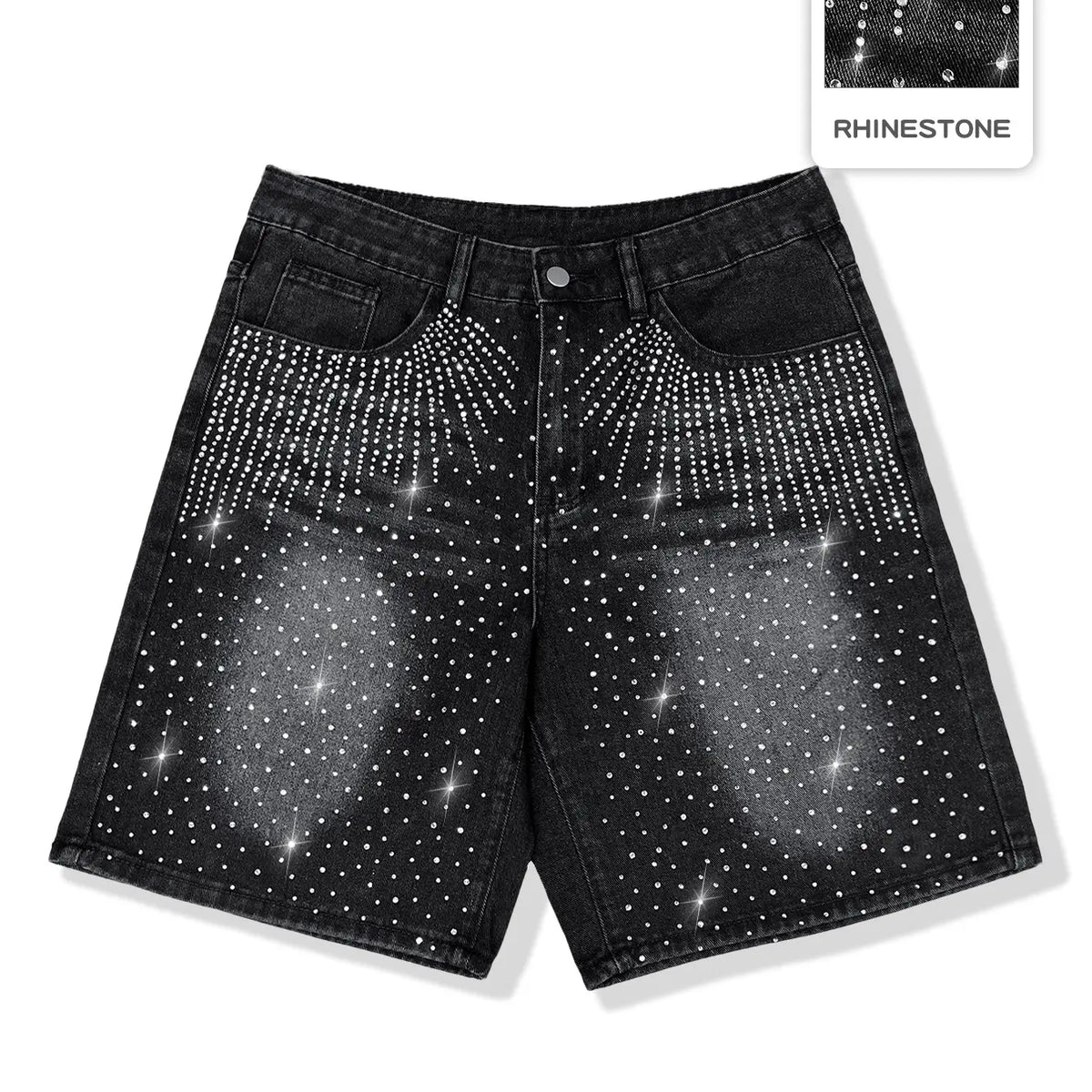 Diamond-studded casual jeans, black fully-studded cross-shaped casual baggy denim shorts, American street style, avant-garde casual denim cropped pants, fashion trends, suitable for men with taste, Loose, Menswear
