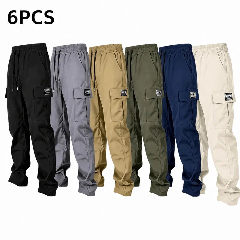 Men’s solid color tactical cargo pants — durable outdoor training pants with sport pockets; suitable for all seasons; casual streetwear pants.