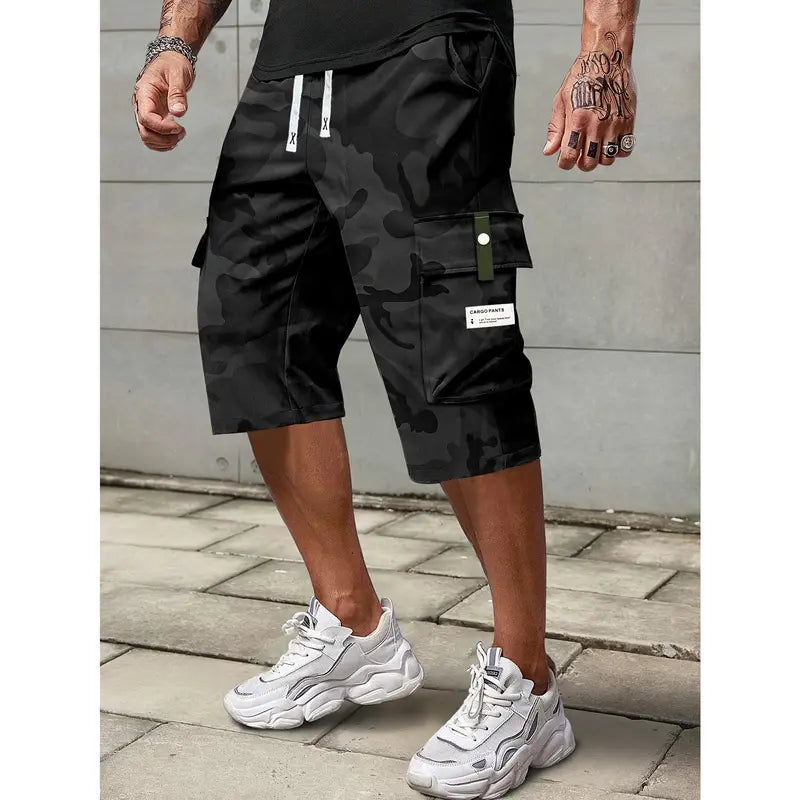 Men's Cropped Athletic Casual Cargo Shorts - Multi-Pocket Cargo Style, Elastic Waist, Adjustable Drawstring, Digital Print, Above-Knee, Cold Wash, XXS Size, Father’s Day Gift for Sports & Outdoor Activities, Athletic Casual Shorts
