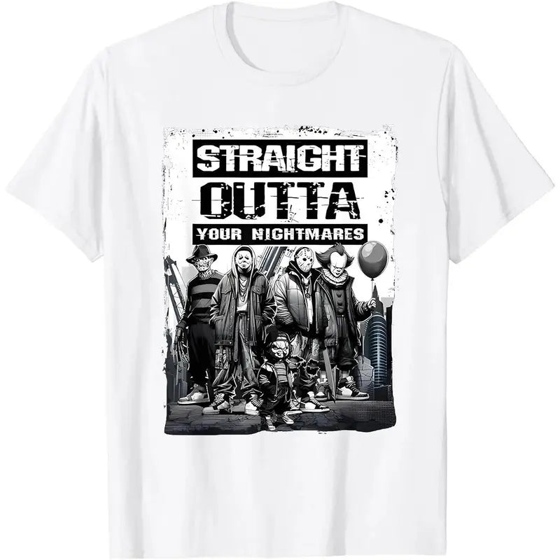 Straight Outta Nightmares" Men's Vintage Horror Halloween T-Shirt - 100% Cotton Casual Round Neck  gifts