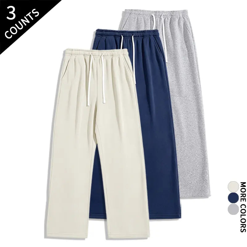 Men's 3-Pack Wide-Leg Athleisure Sweatpants - Soft Polyester Stretch Fabric, Drawstring Elastic Waist, Loose-Fit Full Length, Wide-Leg Street Fit for Daily Workout, Outdoors