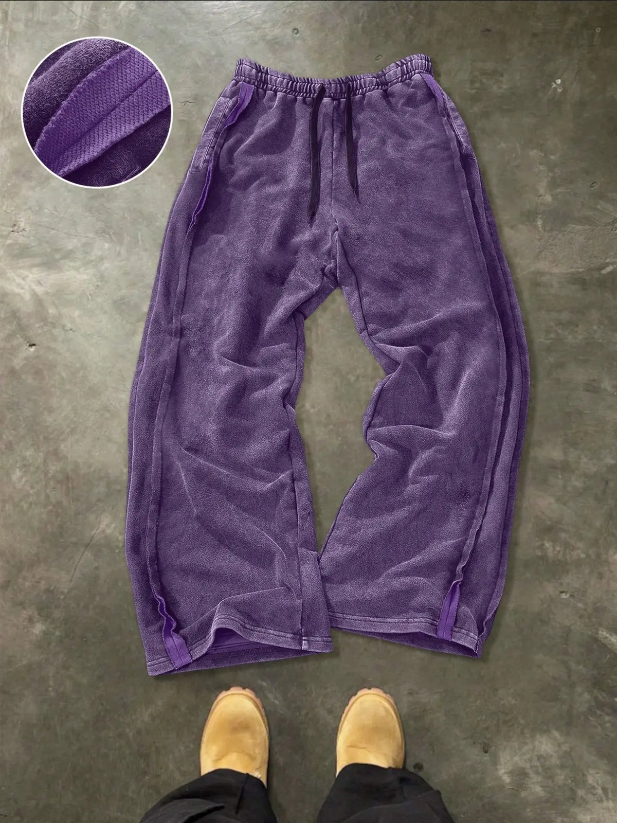 Men's Washed Vintage Hem Side Drawstring Oversized Baggy Wide Leg Sweatpants, American Retro Flowy Loose Fit Straight Leg Long Pants, Relaxed Pants, Trouser, Street Pants