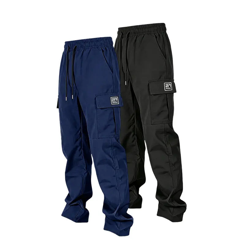 Men’s solid color tactical cargo pants — durable outdoor training pants with sport pockets; suitable for all seasons; casual streetwear pants.