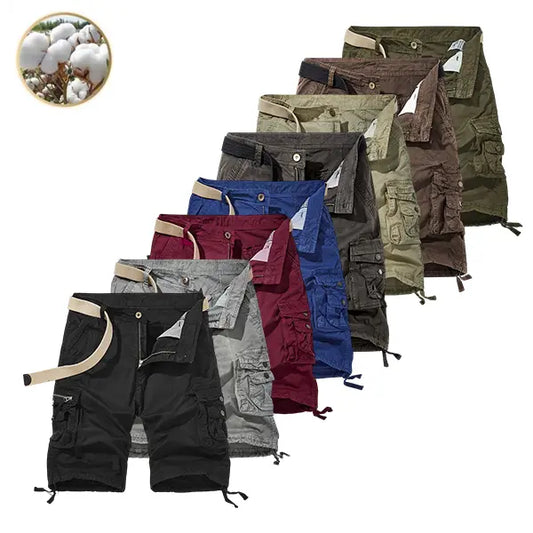 Men's Fashion Mid-Waist Cotton Basic Belted Cargo Shorts - Regular Fit, Multifunctional Pockets, Straight Design, Outdoor Ready, for Casual Wear