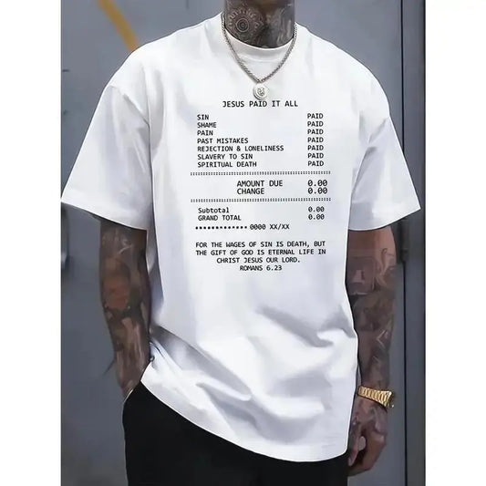 JESUS PAID IT ALL Graphic Print Tee - Soft, Breathable, Casual Short Sleeve T-Shirt for Men - Perfect for Summer, Outdoor Activities, and Faith-Based Events Streetwear Crewneck