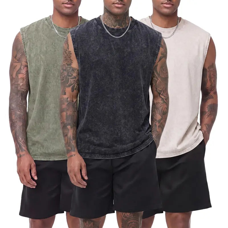 3-pack vintage textured pure cotton sleeveless T-shirts with a distressed wash; crew neck, wide shoulders; casual athletic base layer tank tops for sports, leisure, fitness, running, and basketball. Athleisure Tee Activewear T Shirts