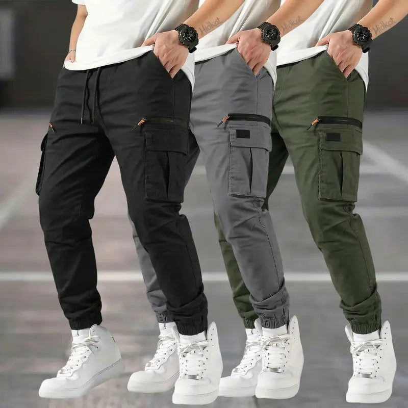 Men’s 3-Pack Polyester Cargo Pants - American Casual Straight-Leg Tapered Long Tactical Work Pants, Outdoor-Ready Fit with Zipper Pockets, All Seasons Basic Look for Commuting, Holiday Gift for Outdoor Enthusiasts