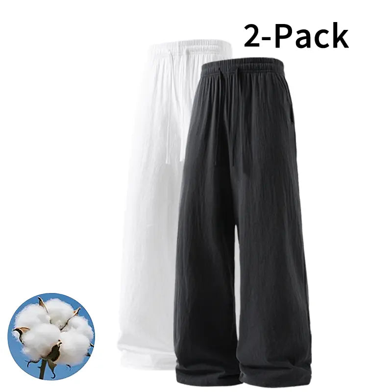 Men's 2-Pack Casual Linen-Cotton Blend Drawstring Pants, Baggy Fit, Lightweight, Anti-Wrinkle, Non-See-Through Menswear Trousers