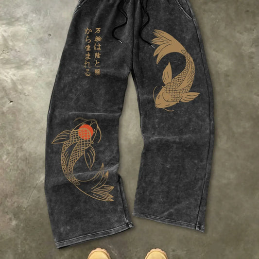 Men's Casual Cotton Long Pants, Japanese Koi Fish Print, Drawstring Waist, Pocket Design, Comfortable Loose Fit, All Seasons, Casual Comfy Trouser, Casual Street Comfy, Casual Pocket Trousers