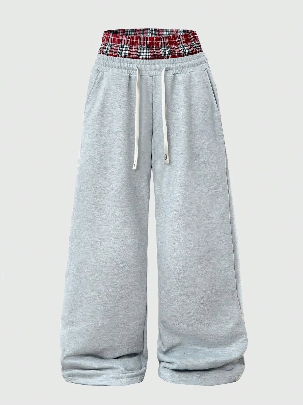 Men's Light Heather Gray Wide Leg Sweatpants, Double Layer Red Plaid Contrast Waistband, White Drawstring Closure, Side Seam Pockets Loose Y2K Streetwear Fashion Casual Trousers, Suitable For Daily Hip Hop Matching Casual Outdoor