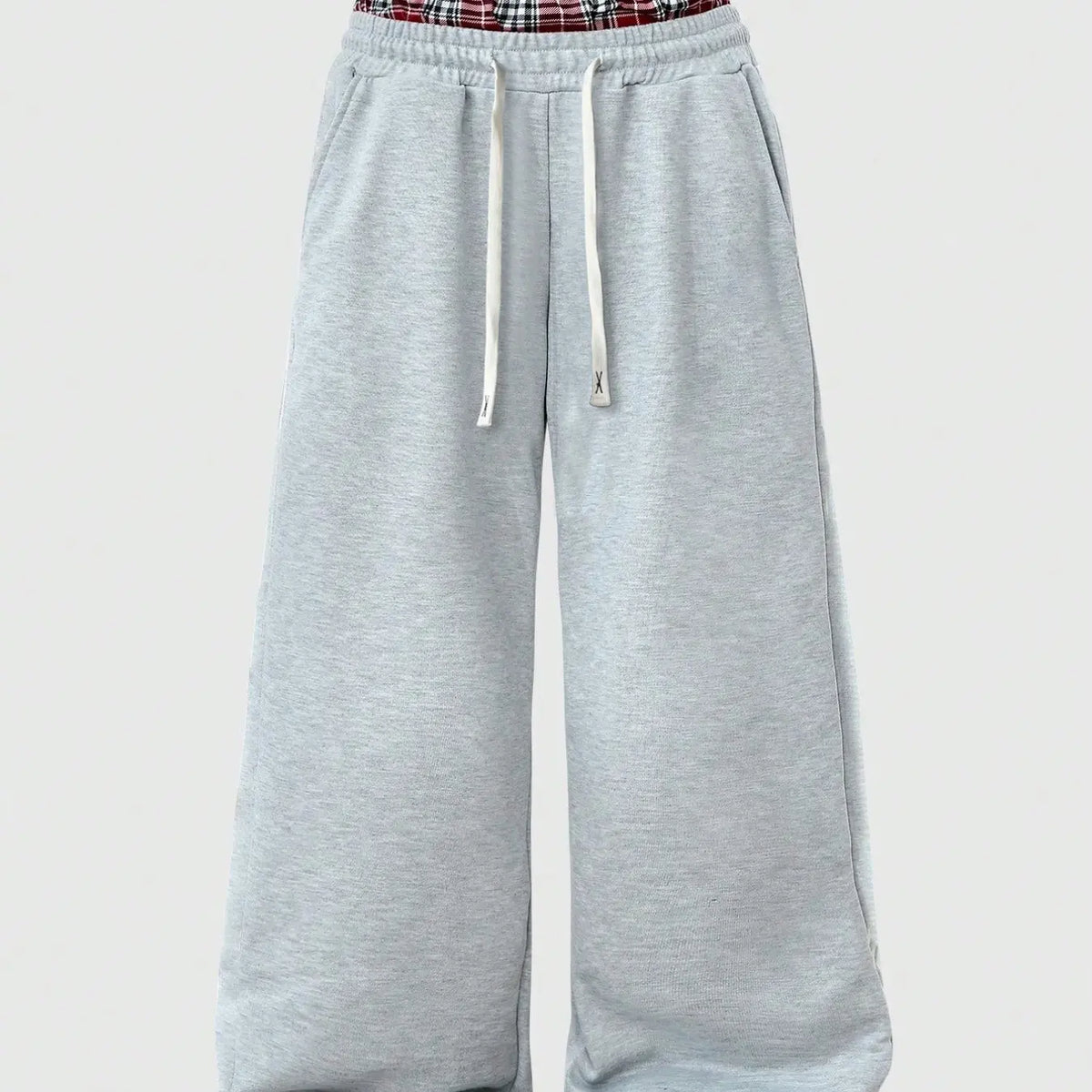 Men's Light Heather Gray Wide Leg Sweatpants, Double Layer Red Plaid Contrast Waistband, White Drawstring Closure, Side Seam Pockets Loose Y2K Streetwear Fashion Casual Trousers, Suitable For Daily Hip Hop Matching Casual Outdoor
