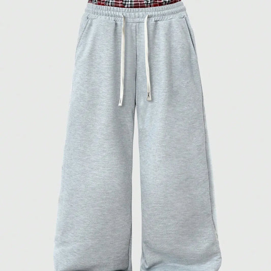 Men's Light Heather Gray Wide Leg Sweatpants, Double Layer Red Plaid Contrast Waistband, White Drawstring Closure, Side Seam Pockets Loose Y2K Streetwear Fashion Casual Trousers, Suitable For Daily Hip Hop Matching Casual Outdoor