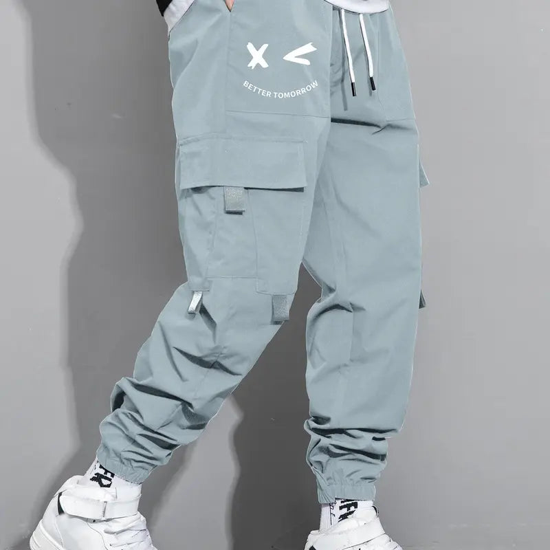Men's Cartoon Face & Letter Print Drawstring Waist Cargo Pants, Casual Regular Fit Utility Jogger Bottoms, Men's Trousers for All Seasons, Pants for Men, Mens Pants, Pants for Men Menswear Grey