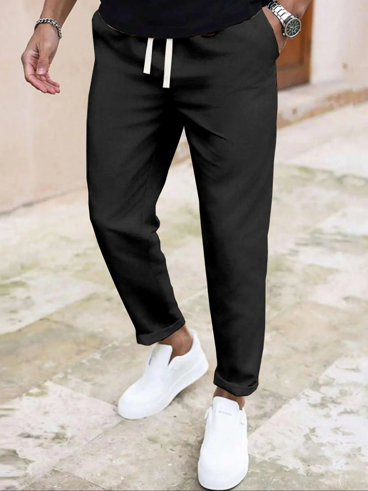 Manfinity Men's Basic Solid Plain Casual Drawstring-Waist Pants with Pockets for Daily Wear, Menswear