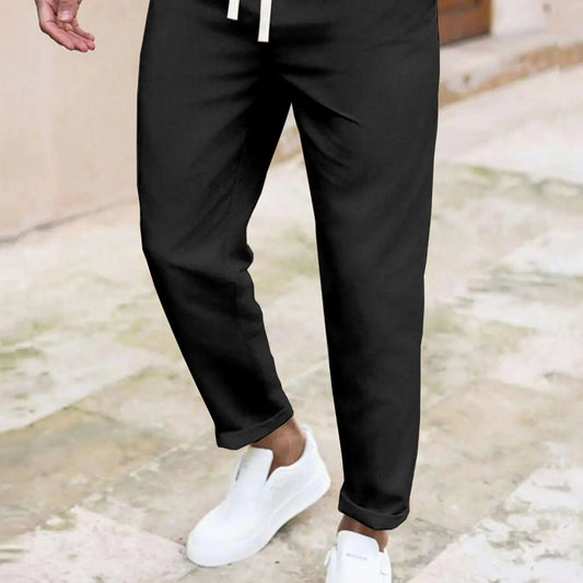 Manfinity Men's Basic Solid Plain Casual Drawstring-Waist Pants with Pockets for Daily Wear, Menswear