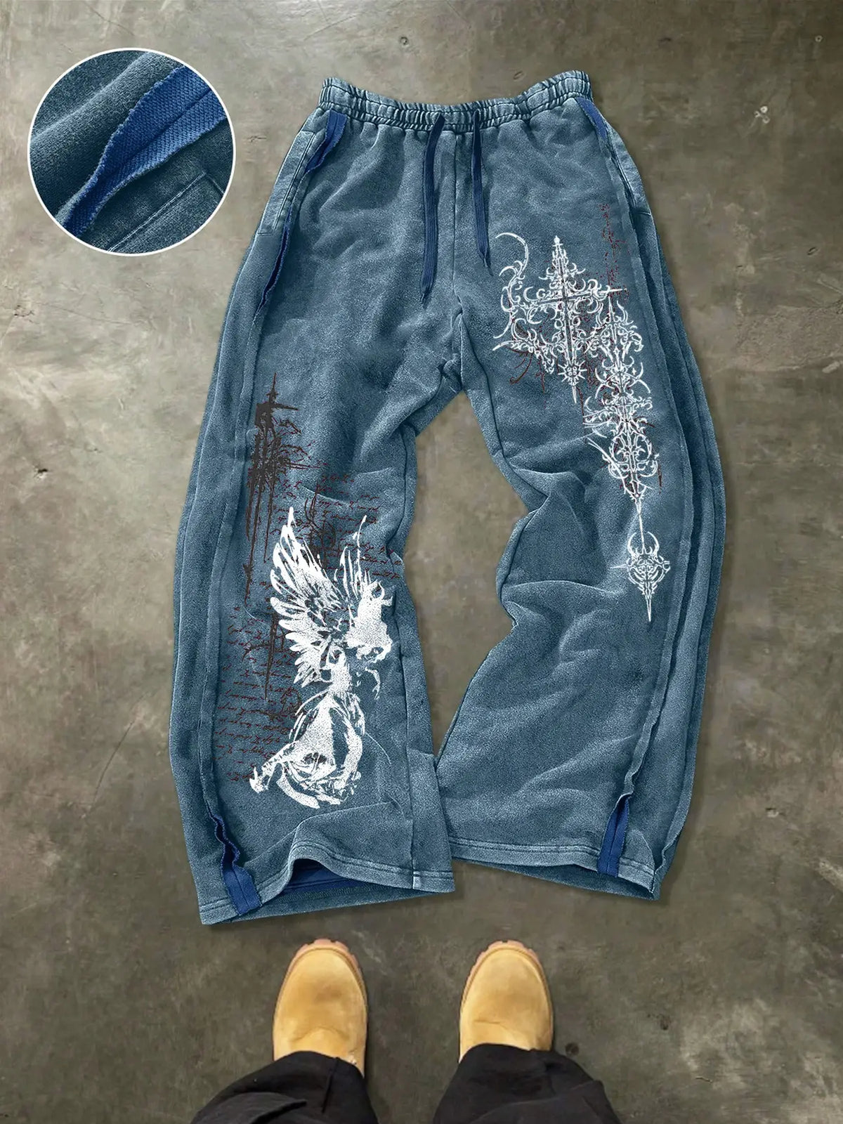 Men's Washed Cotton Sweatpants with Gothic Print, Contrast Side Stitching Detail, Comfortable Casual Pants for Daily Wear & Lounging