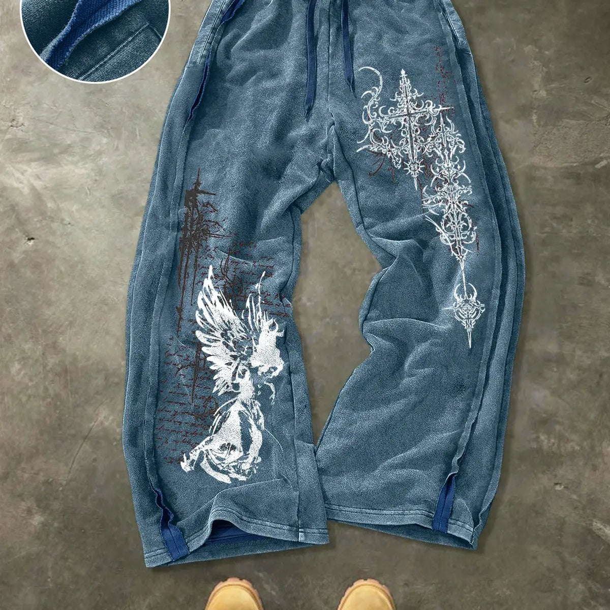 Men's Washed Cotton Sweatpants with Gothic Print, Contrast Side Stitching Detail, Comfortable Casual Pants for Daily Wear & Lounging