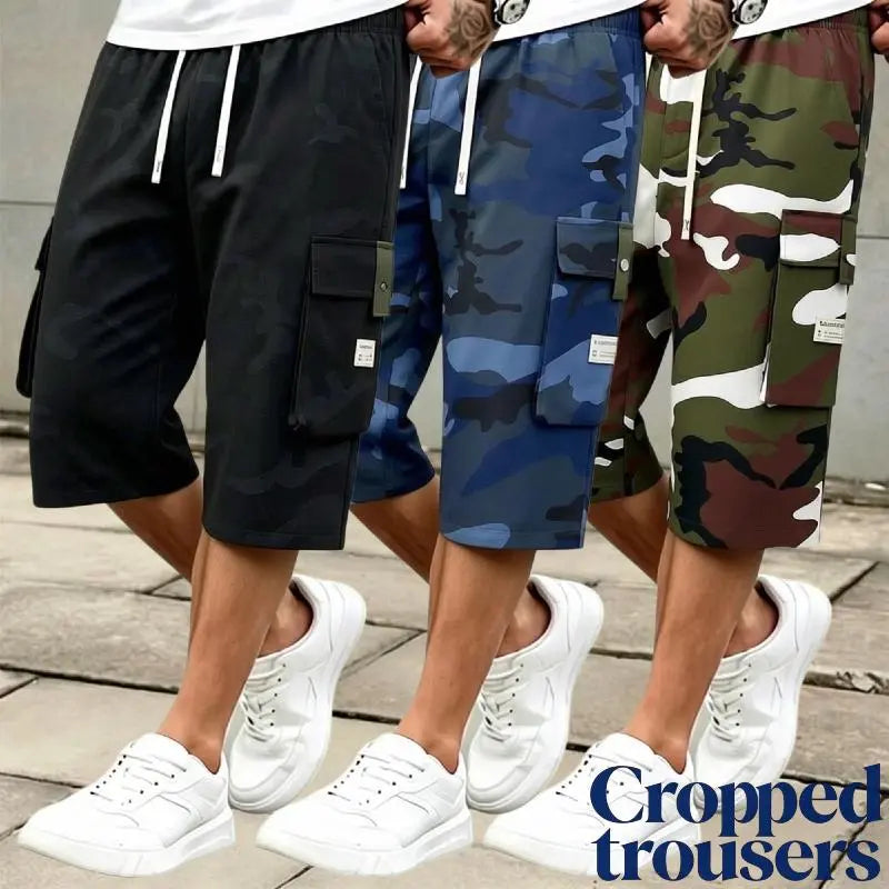 Men's 3-piece Camo Cargo seven-quarter trousers Capriers – Multi-Pocket Design, Drawstring Waistband, Casual Streetwear Shorts, Perfect for Everyday Wear & Urban Styling SpringStatements