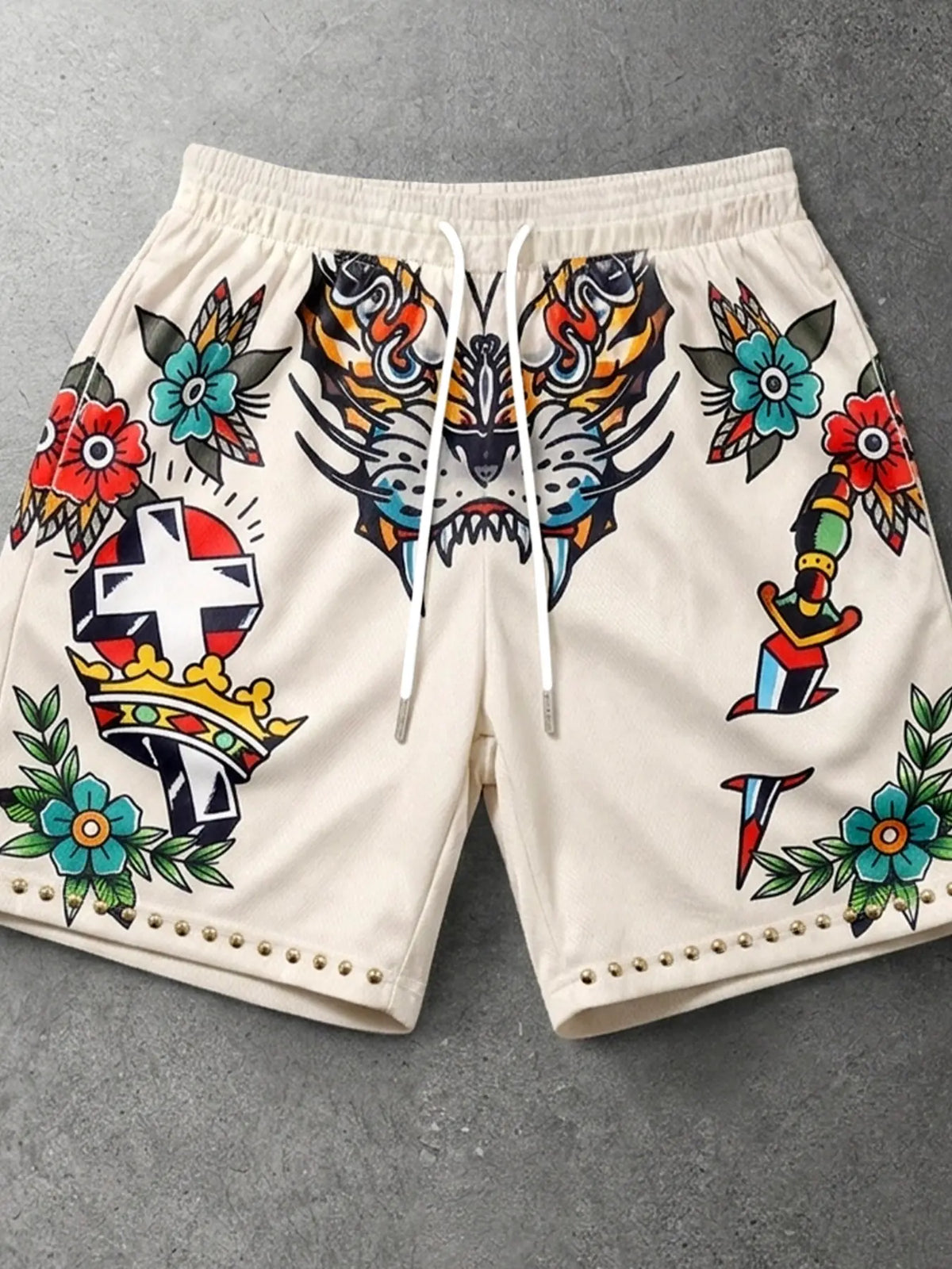 Men's Old School Tattoo Graphic Printed Mesh Shorts, Fashionable Summer Shorts, Rivet Trim Drawstring Streetwear Shorts, Breathable Lightweight Sports Shorts, Lightweight Casual Shorts
