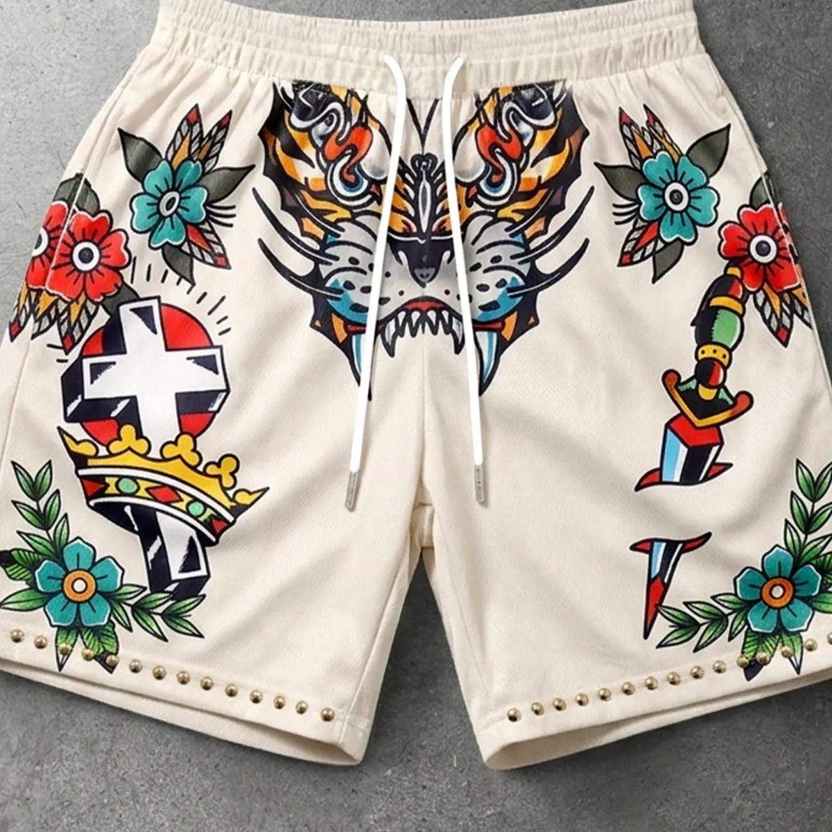 Men's Old School Tattoo Graphic Printed Mesh Shorts, Fashionable Summer Shorts, Rivet Trim Drawstring Streetwear Shorts, Breathable Lightweight Sports Shorts, Lightweight Casual Shorts