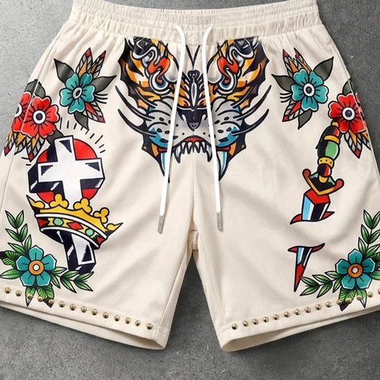 Men's Old School Tattoo Graphic Printed Mesh Shorts, Fashionable Summer Shorts, Rivet Trim Drawstring Streetwear Shorts, Breathable Lightweight Sports Shorts, Lightweight Casual Shorts