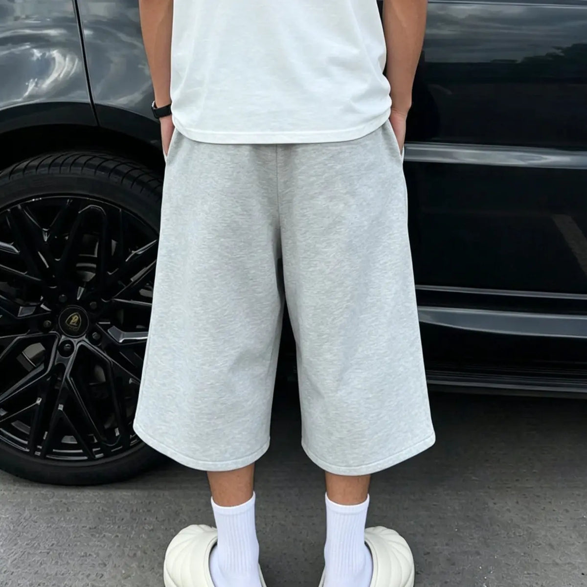 Solid Color Plain Casual Baggy Three-Quarter Pants, Comfortable Stretch Fabric, Streetwear Style, Unisex, Five Sizes Available, Man